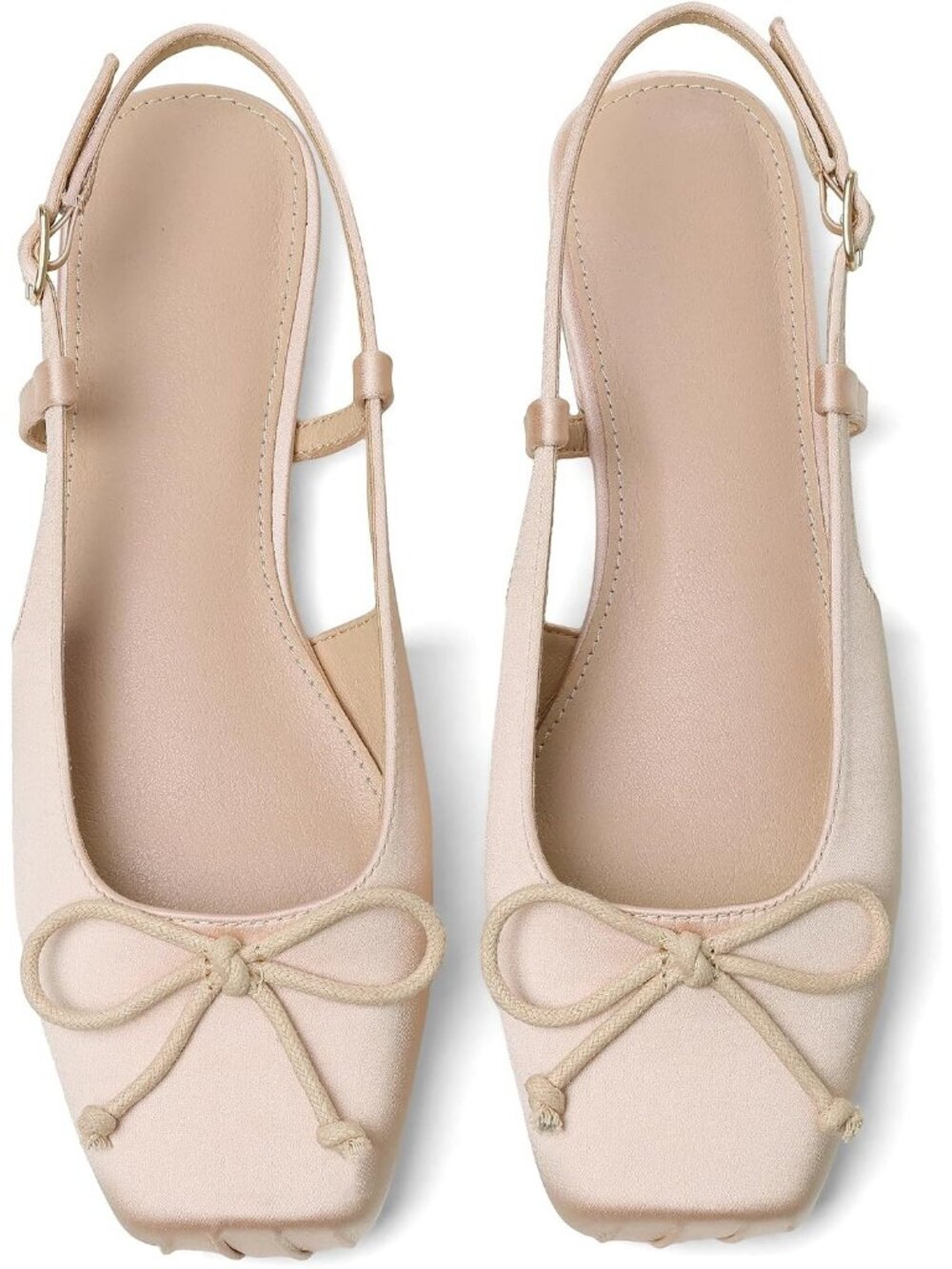 Women's Nude Satin Slingbacks Ballet Flats Square Toe Bow Ankle Buckles Shoes - Picture 1 of 6